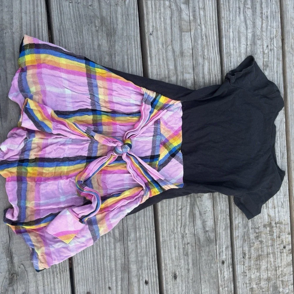Care Bears Justice Girls Long Shirt With Plaid Sleeves To Tie. Size 7-8 EUC‎